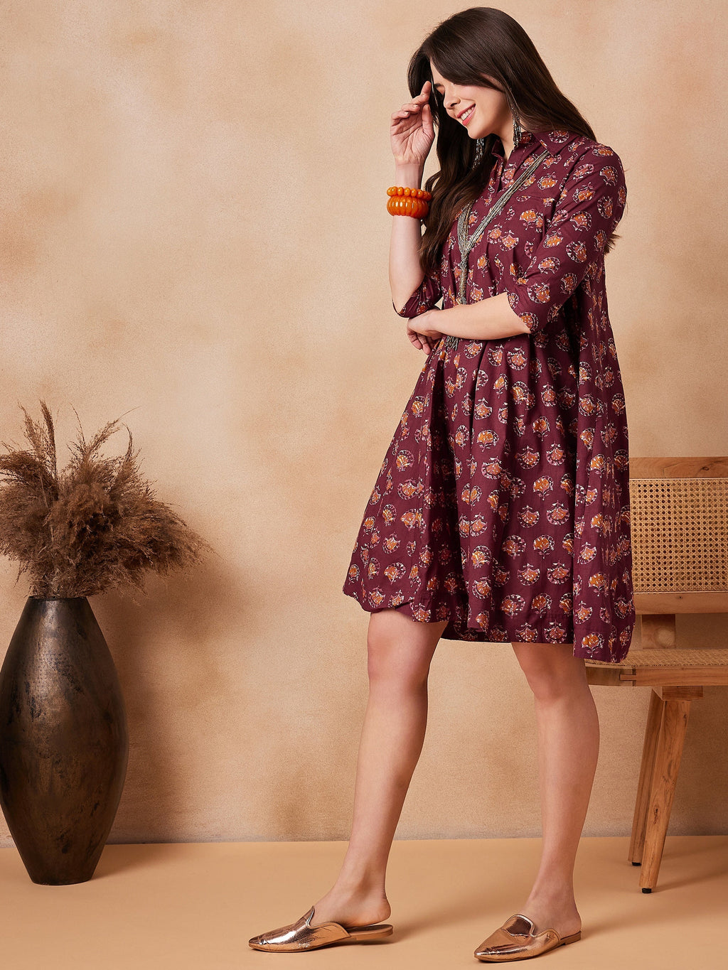 InWeave Burgundy Floral Boota Print Flared Dress
