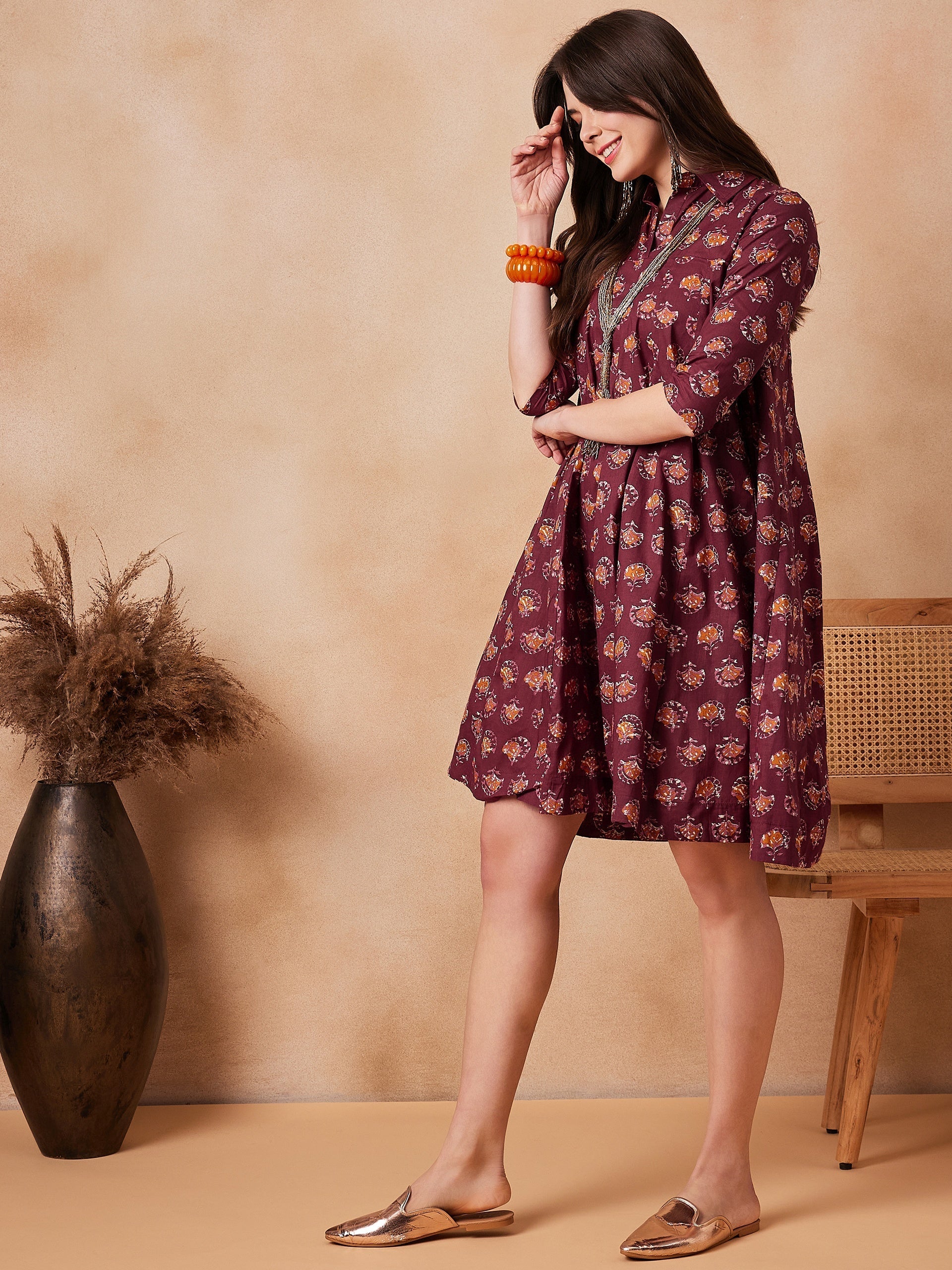 InWeave Burgundy Floral Boota Print Flared Dress
