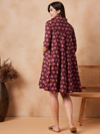 InWeave Burgundy Floral Boota Print Flared Dress