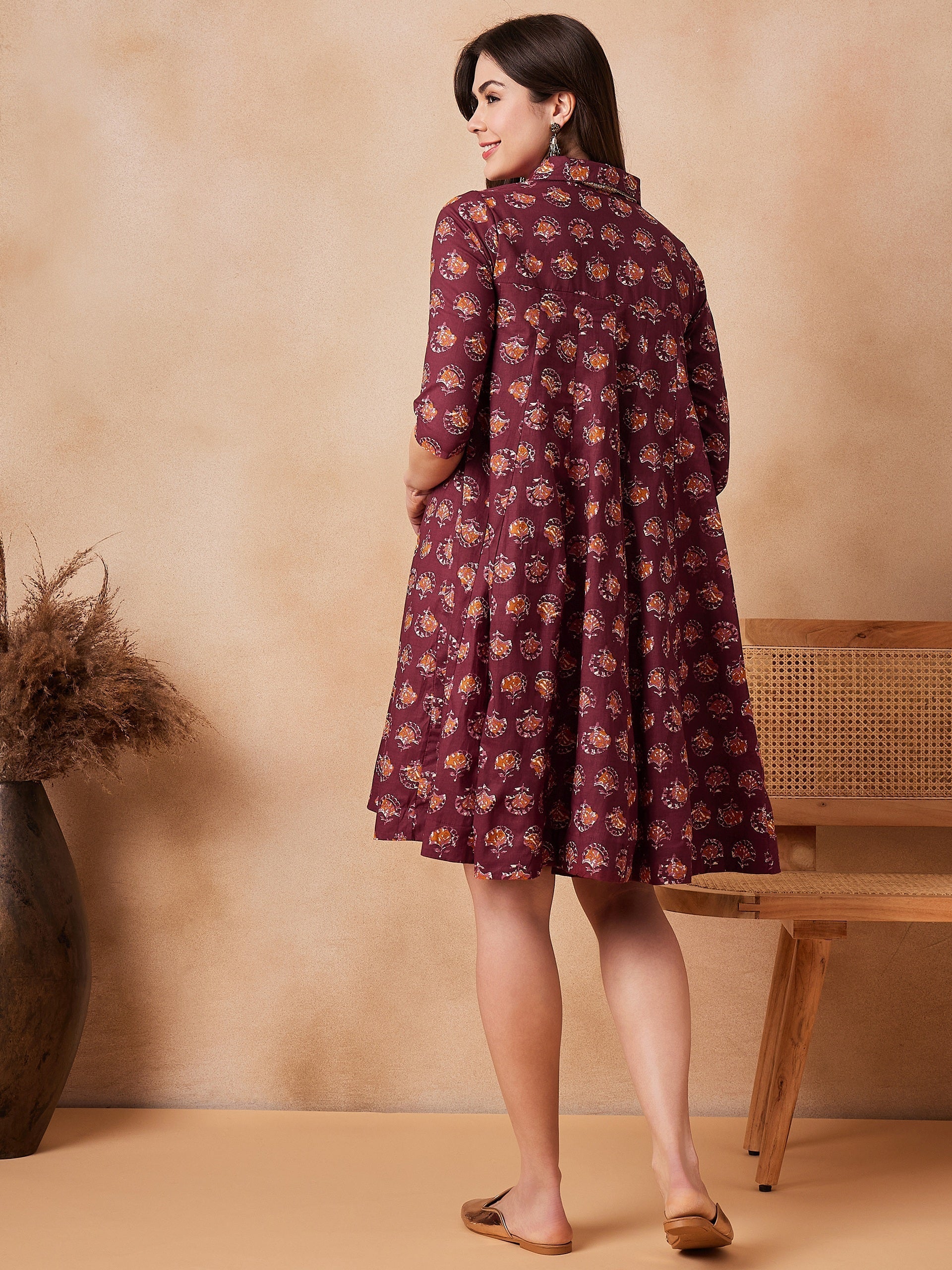 InWeave Burgundy Floral Boota Print Flared Dress