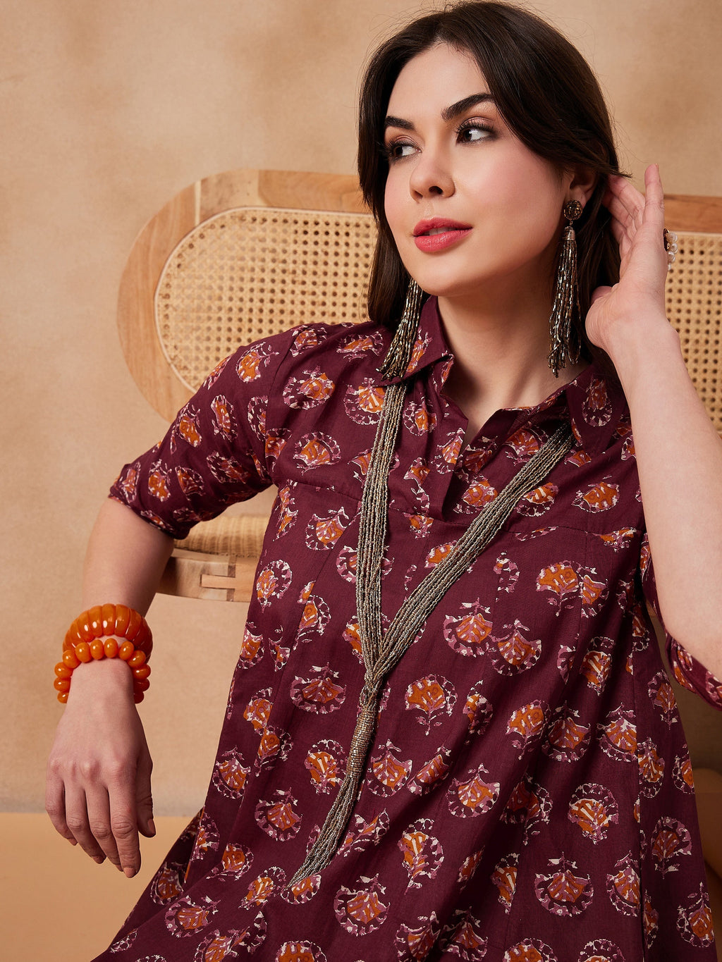 InWeave Burgundy Floral Boota Print Flared Dress