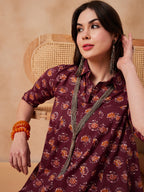 InWeave Burgundy Floral Boota Print Flared Dress