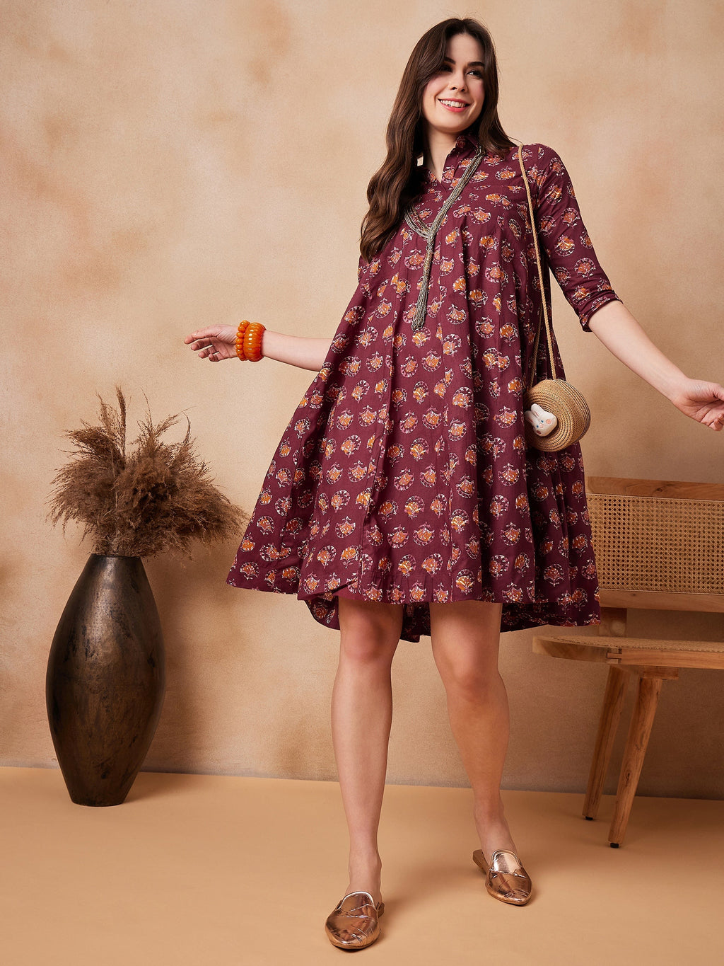 InWeave Burgundy Floral Boota Print Flared Dress
