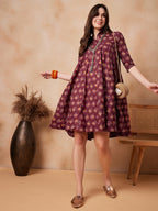 InWeave Burgundy Floral Boota Print Flared Dress