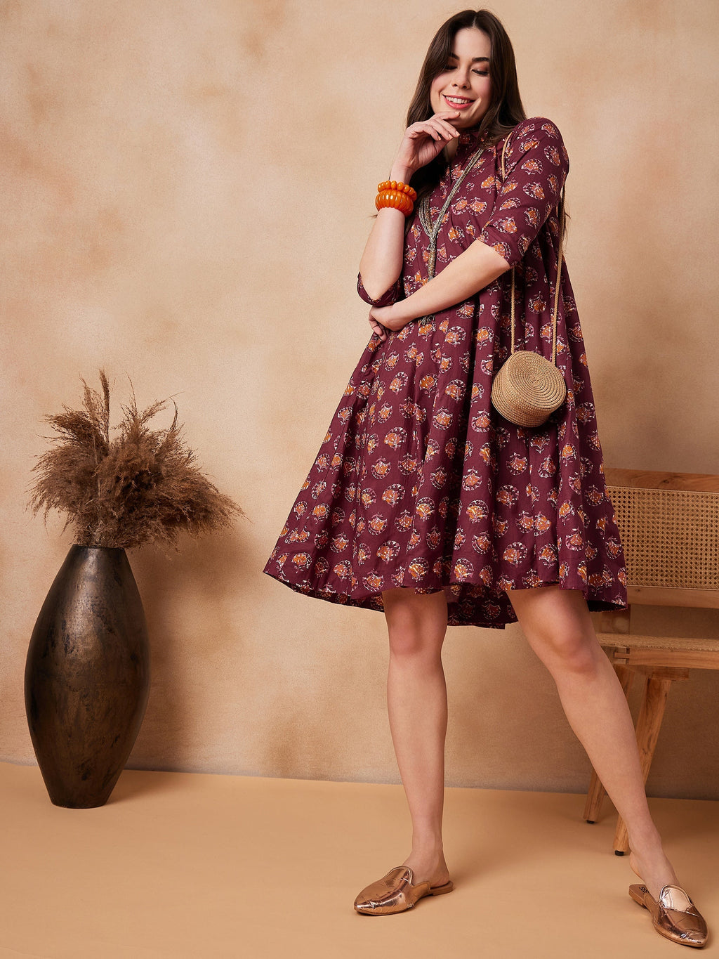 InWeave Burgundy Floral Boota Print Flared Dress
