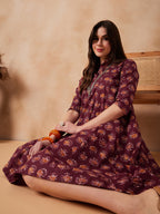 InWeave Burgundy Floral Boota Print Flared Dress