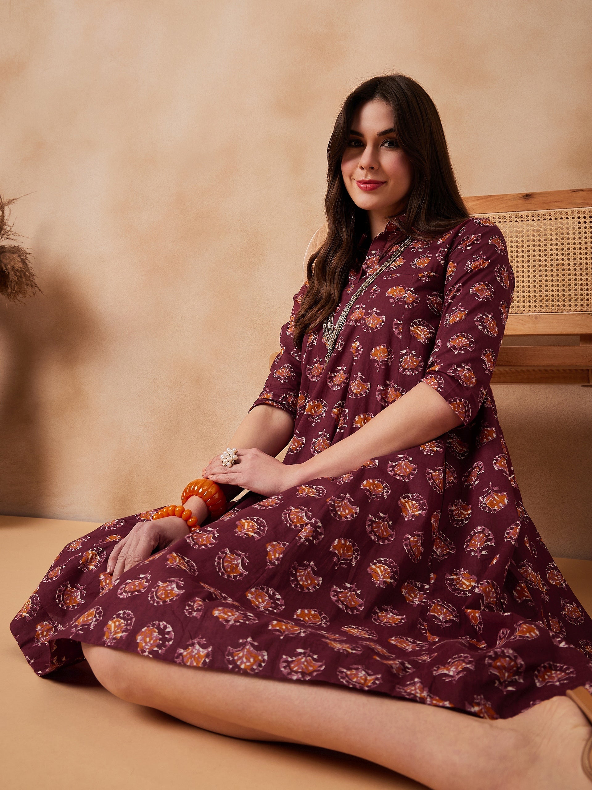 InWeave Burgundy Floral Boota Print Flared Dress