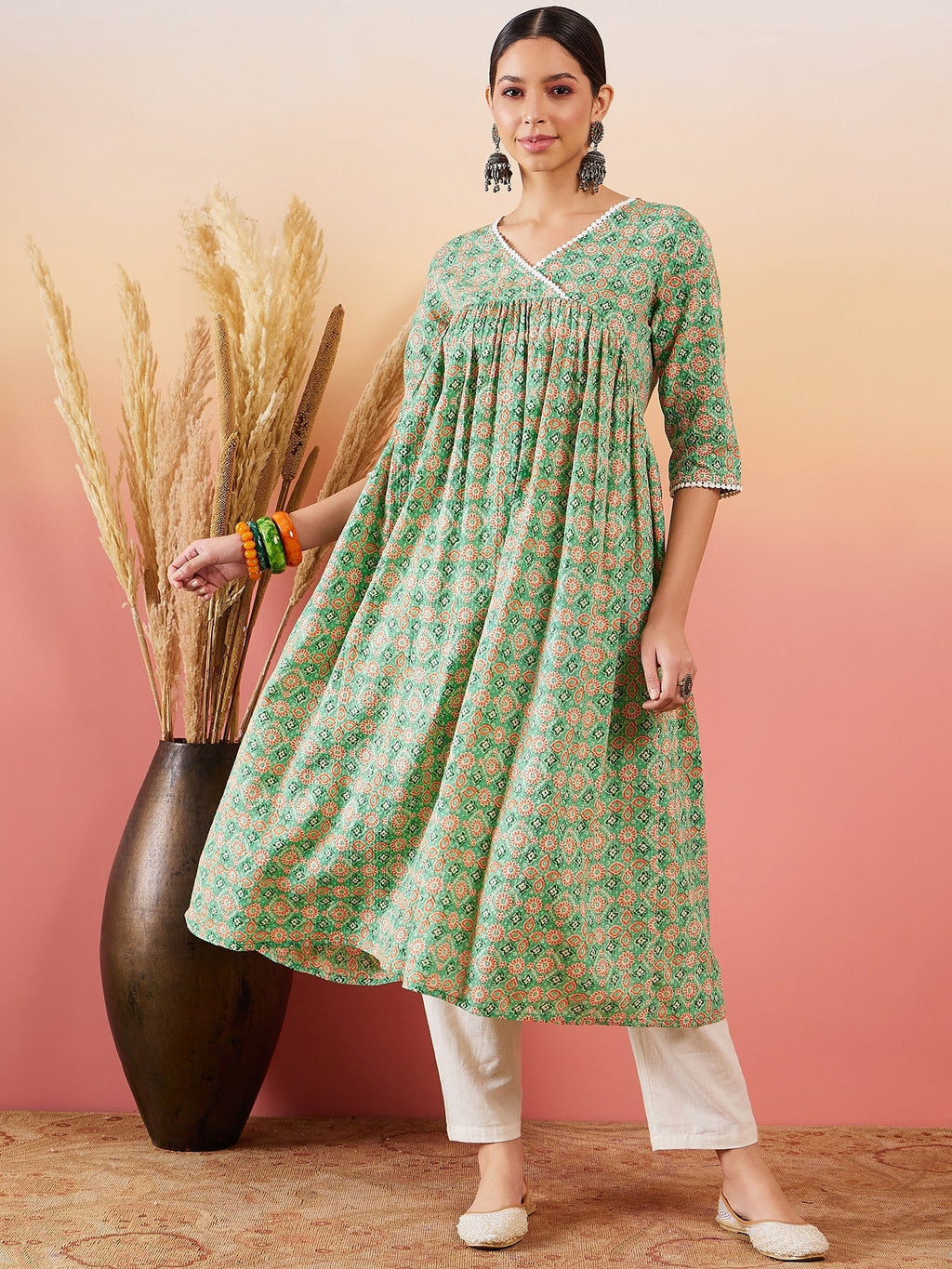 InWeave Cool Green Kantha Print Angrakha V Neck Lace Dress