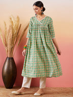 InWeave Cool Green Kantha Print Angrakha V Neck Lace Dress