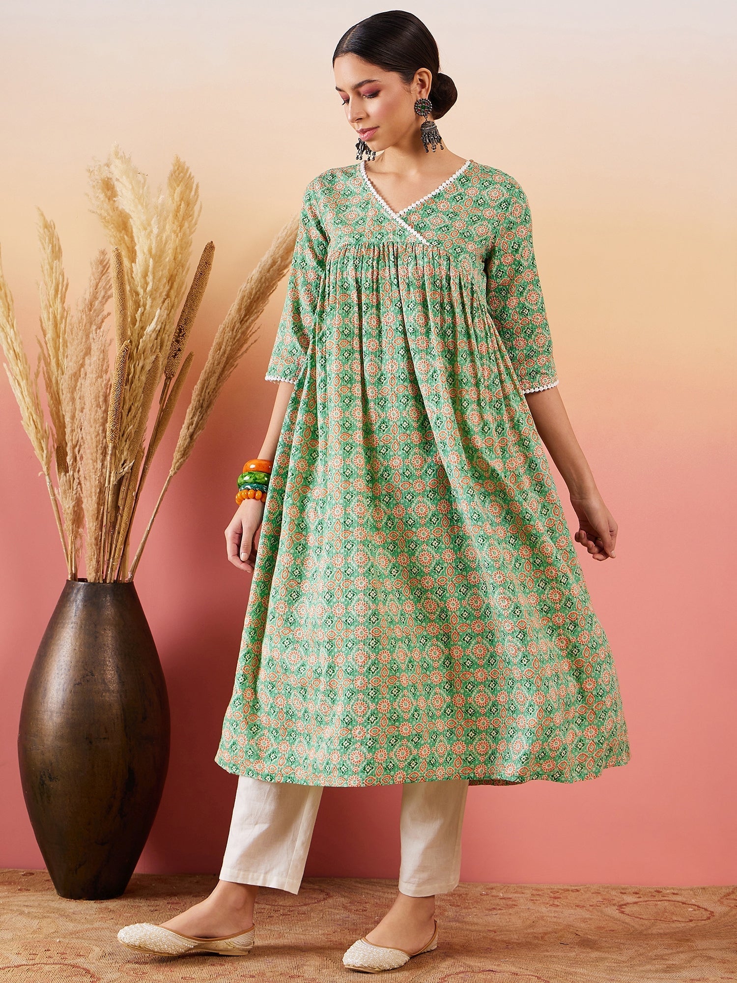 InWeave Cool Green Kantha Print Angrakha V Neck Lace Dress