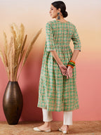 InWeave Cool Green Kantha Print Angrakha V Neck Lace Dress