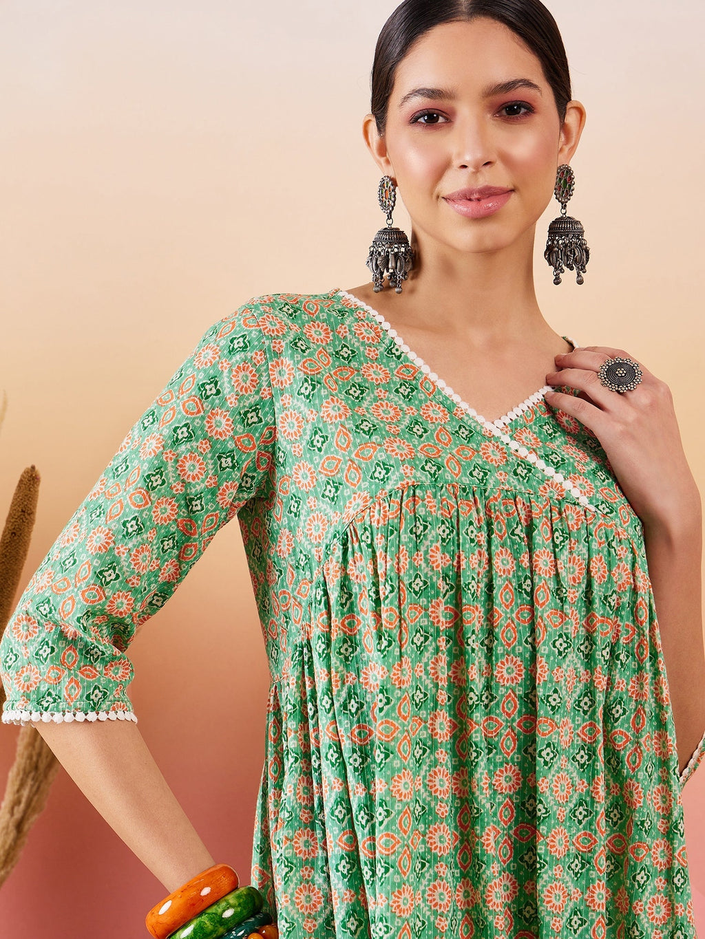 InWeave Cool Green Kantha Print Angrakha V Neck Lace Dress