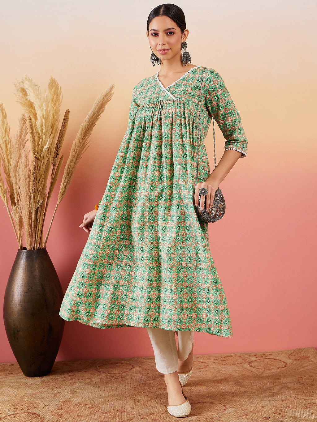 InWeave Cool Green Kantha Print Angrakha V Neck Lace Dress
