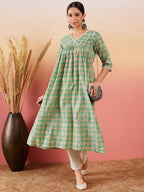 InWeave Cool Green Kantha Print Angrakha V Neck Lace Dress