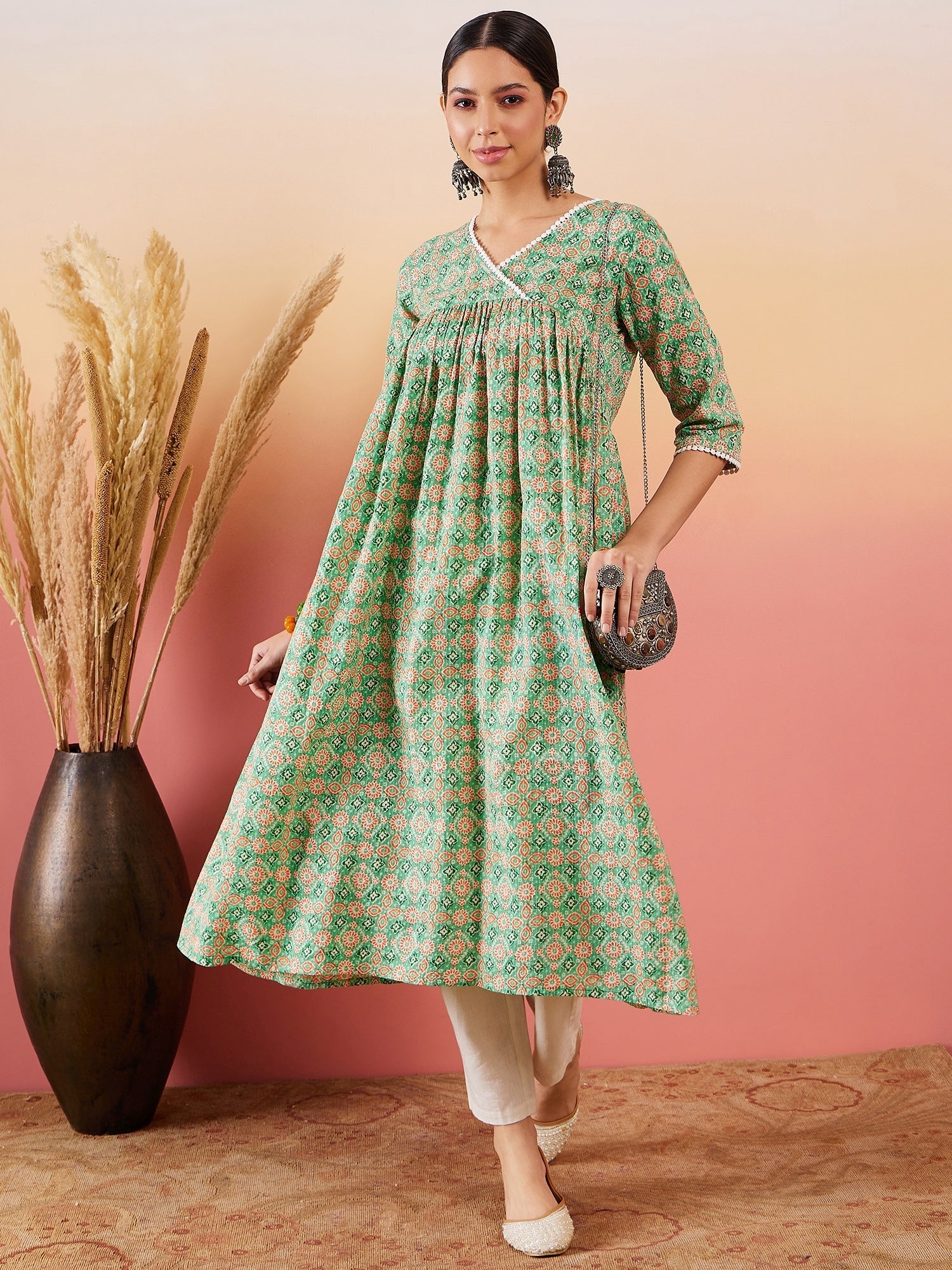 InWeave Cool Green Kantha Print Angrakha V Neck Lace Dress