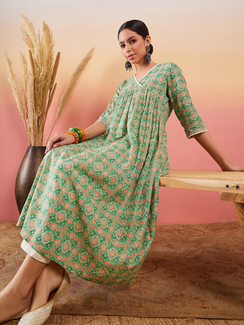 InWeave Cool Green Kantha Print Angrakha V Neck Lace Dress