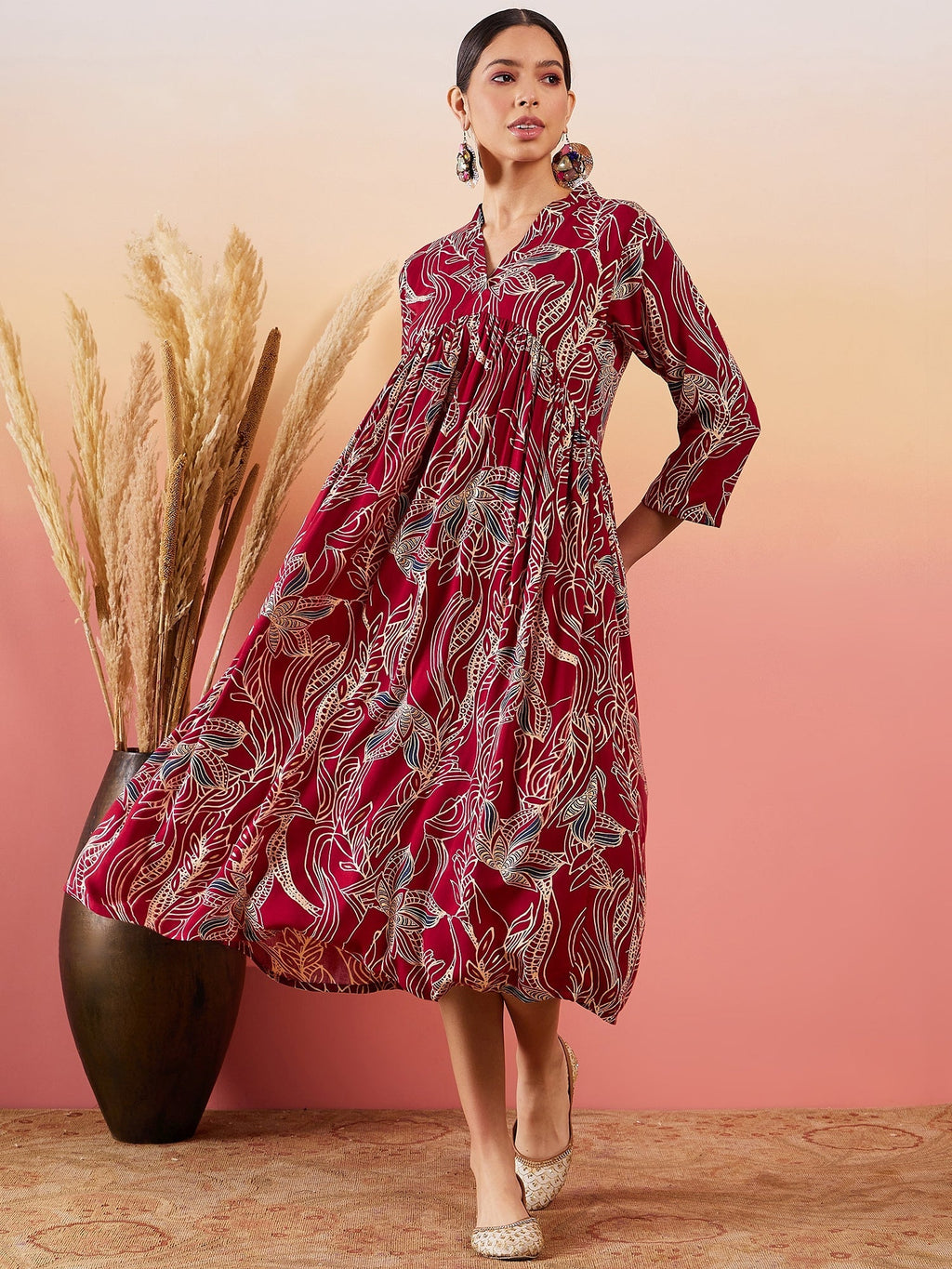 InWeave Maroon Beige Blue Print Deep V Neck Flared Dress - Distacart