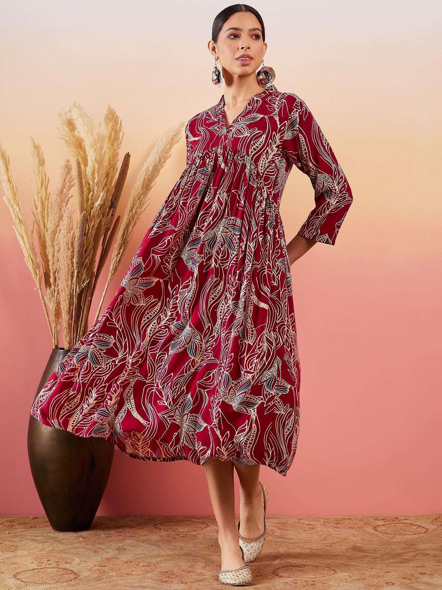 InWeave Maroon Beige Blue Print Deep V Neck Flared Dress - Distacart