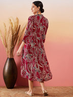 InWeave Maroon Beige Blue Print Deep V Neck Flared Dress - Distacart