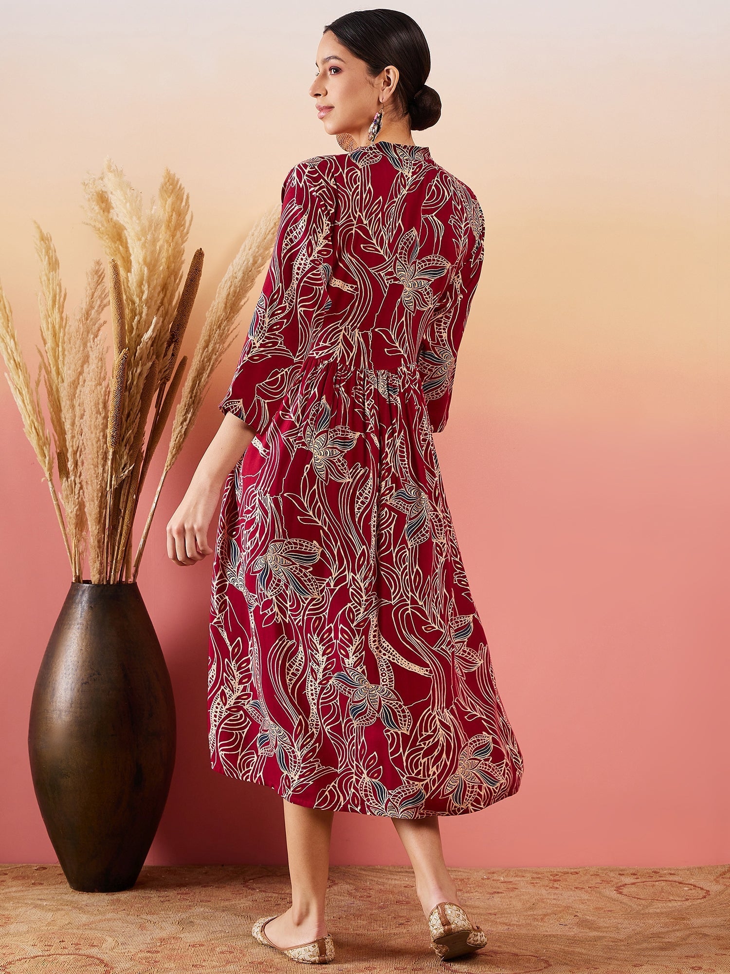 InWeave Maroon Beige Blue Print Deep V Neck Flared Dress - Distacart