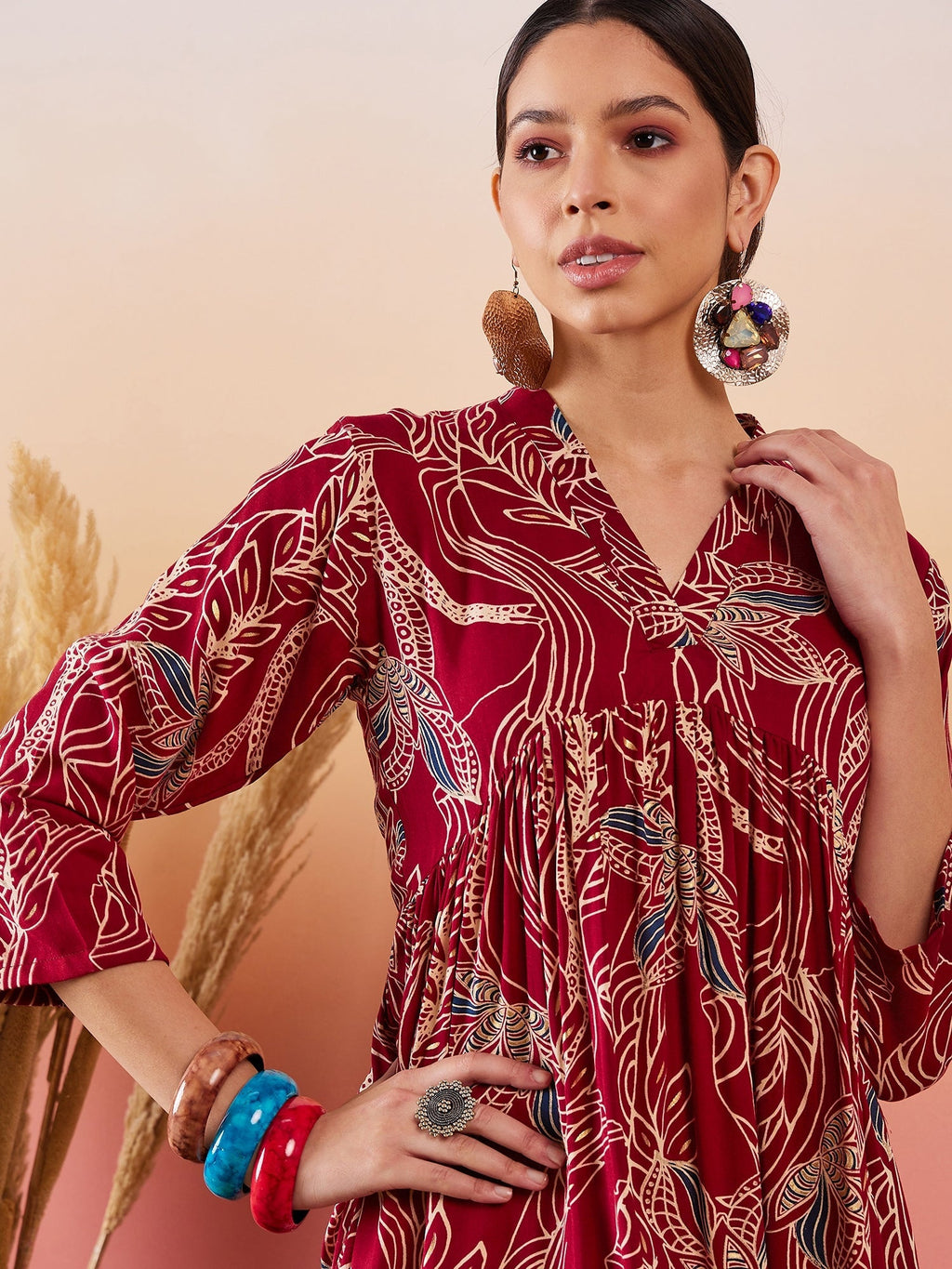 InWeave Maroon Beige Blue Print Deep V Neck Flared Dress - Distacart