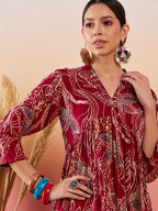 InWeave Maroon Beige Blue Print Deep V Neck Flared Dress - Distacart