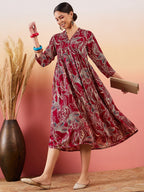 InWeave Maroon Beige Blue Print Deep V Neck Flared Dress - Distacart