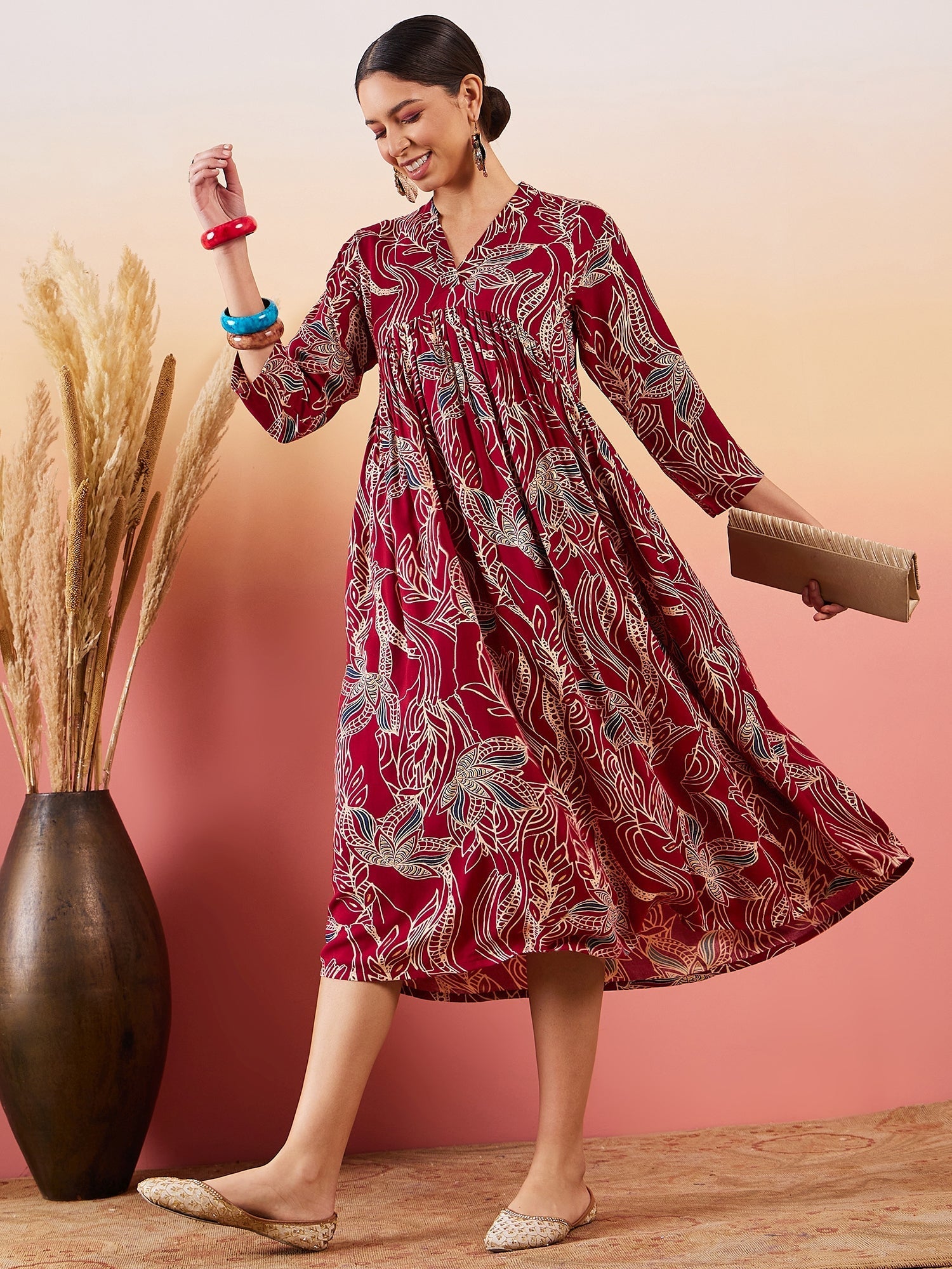InWeave Maroon Beige Blue Print Deep V Neck Flared Dress - Distacart