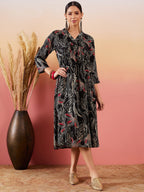 InWeave Black Beige Red Print Deep V Neck Flared Dress - Distacart