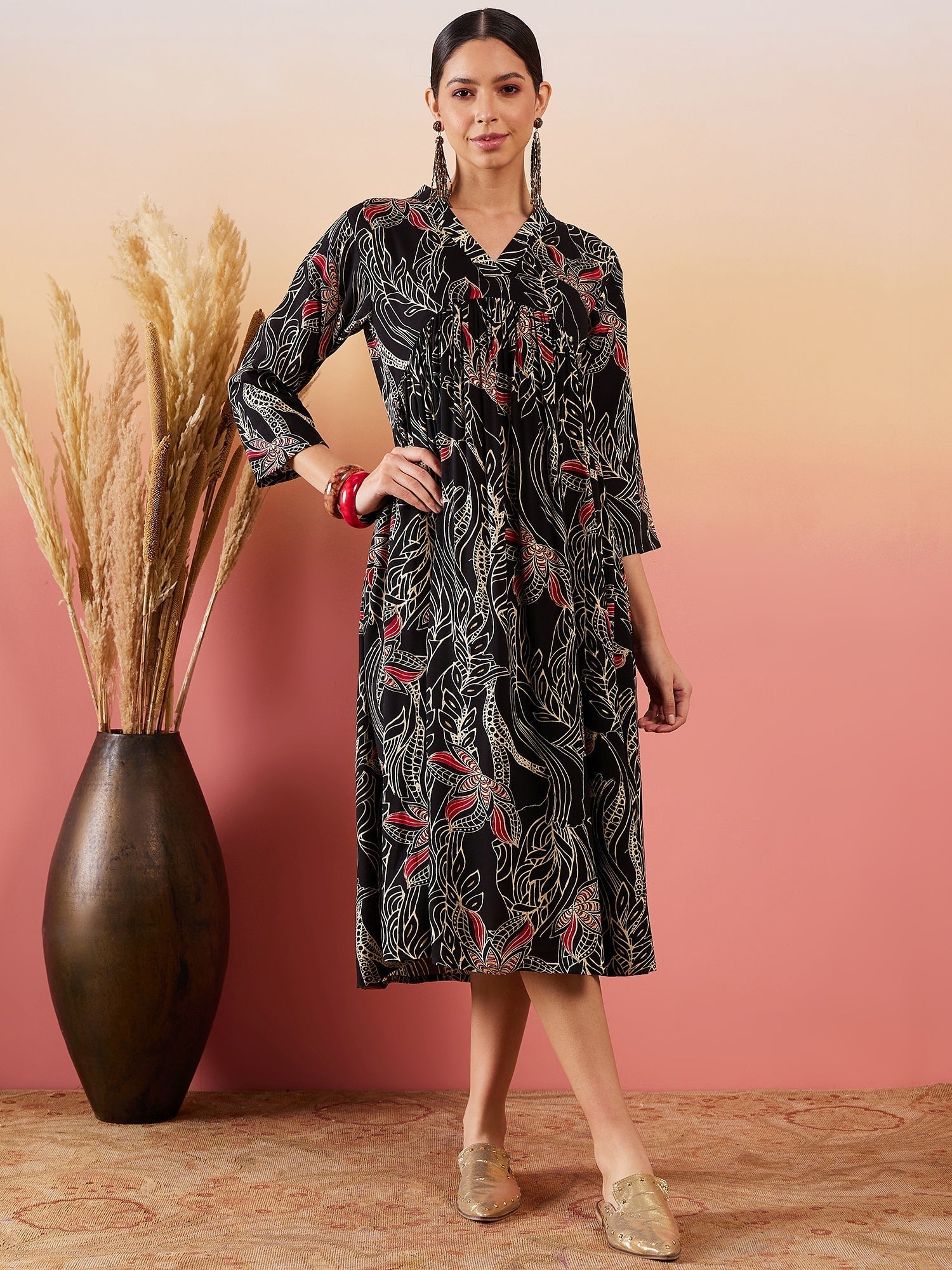 InWeave Black Beige Red Print Deep V Neck Flared Dress - Distacart