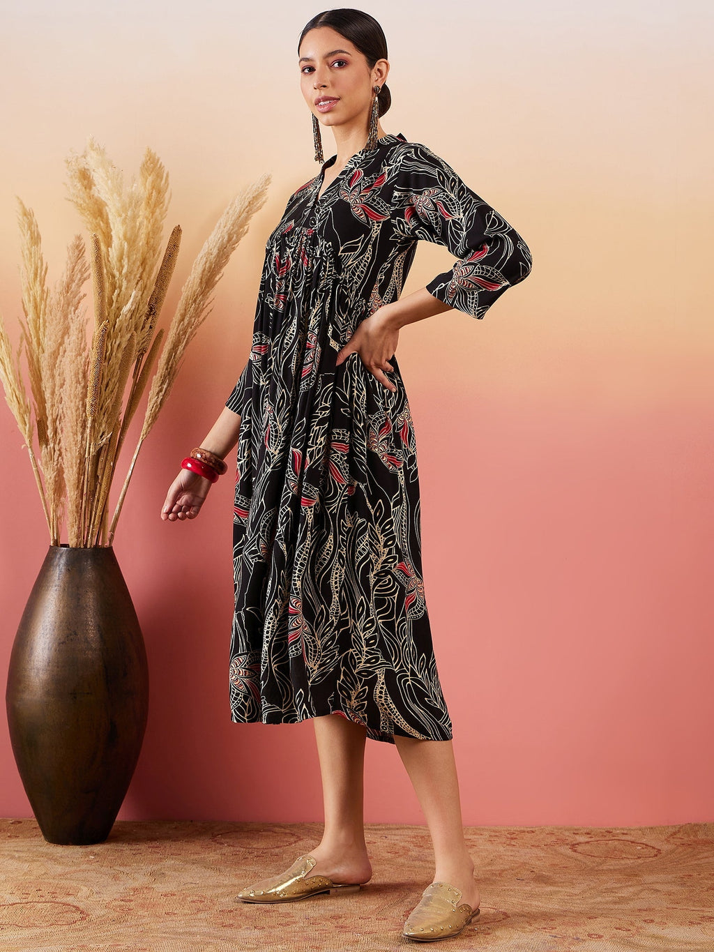 InWeave Black Beige Red Print Deep V Neck Flared Dress - Distacart