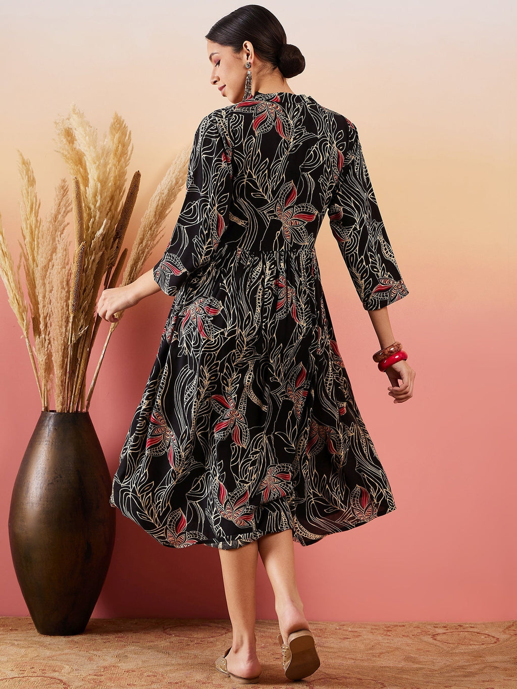 InWeave Black Beige Red Print Deep V Neck Flared Dress - Distacart