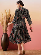 InWeave Black Beige Red Print Deep V Neck Flared Dress - Distacart