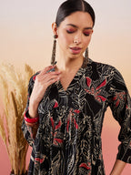 InWeave Black Beige Red Print Deep V Neck Flared Dress - Distacart