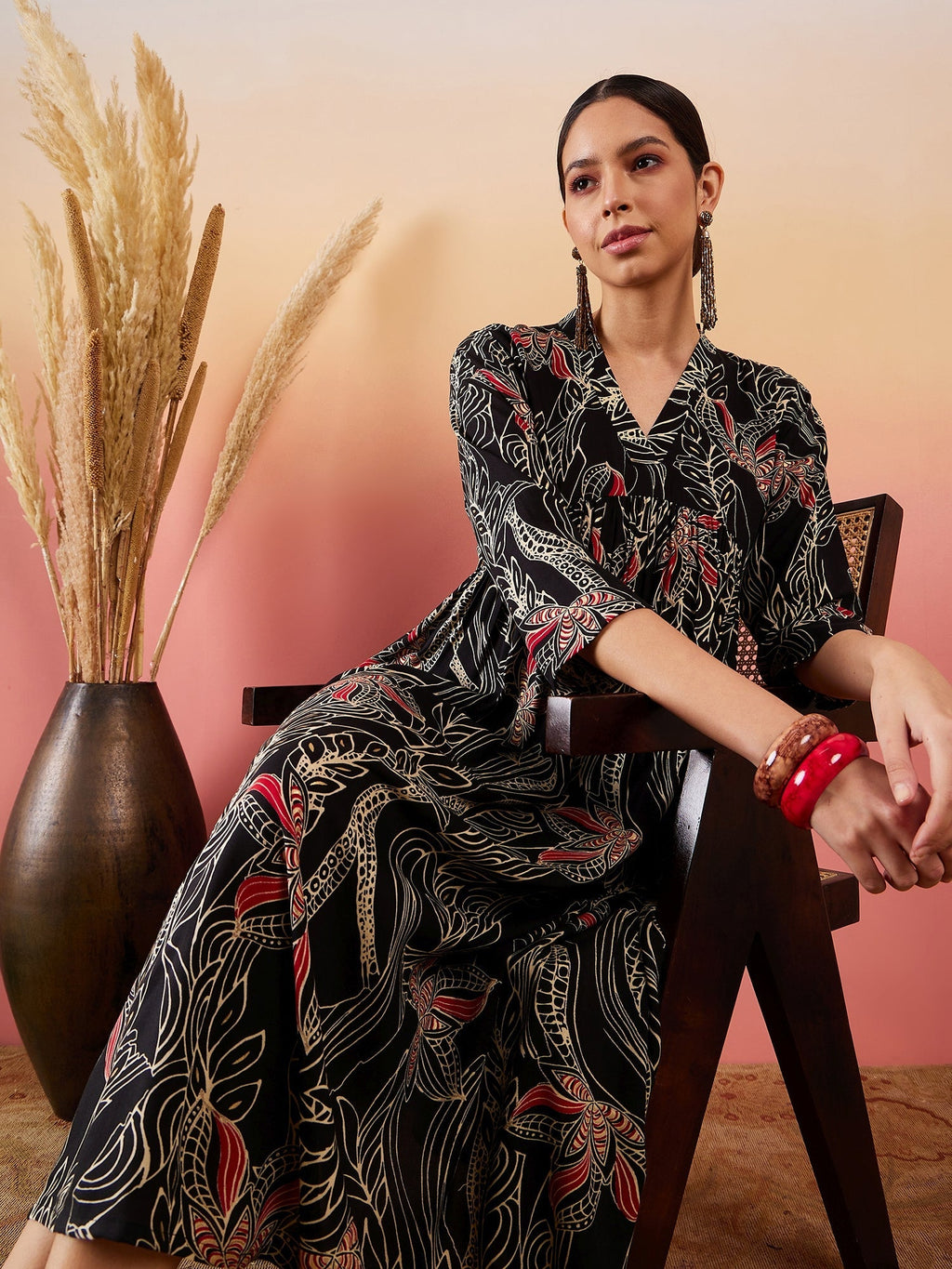 InWeave Black Beige Red Print Deep V Neck Flared Dress - Distacart