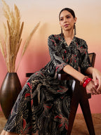 InWeave Black Beige Red Print Deep V Neck Flared Dress - Distacart