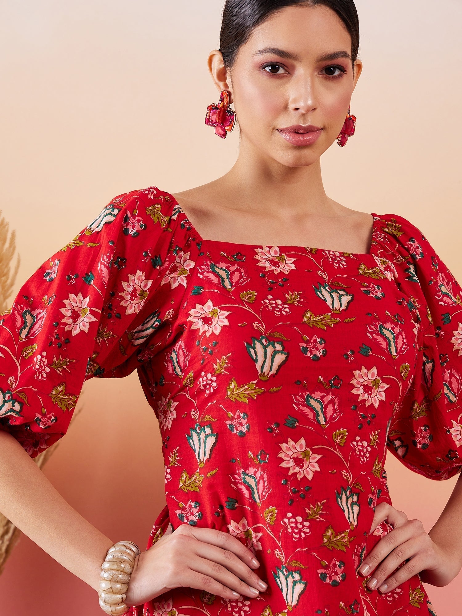 InWeave Red Bishop Sleeve Dress - Distacart