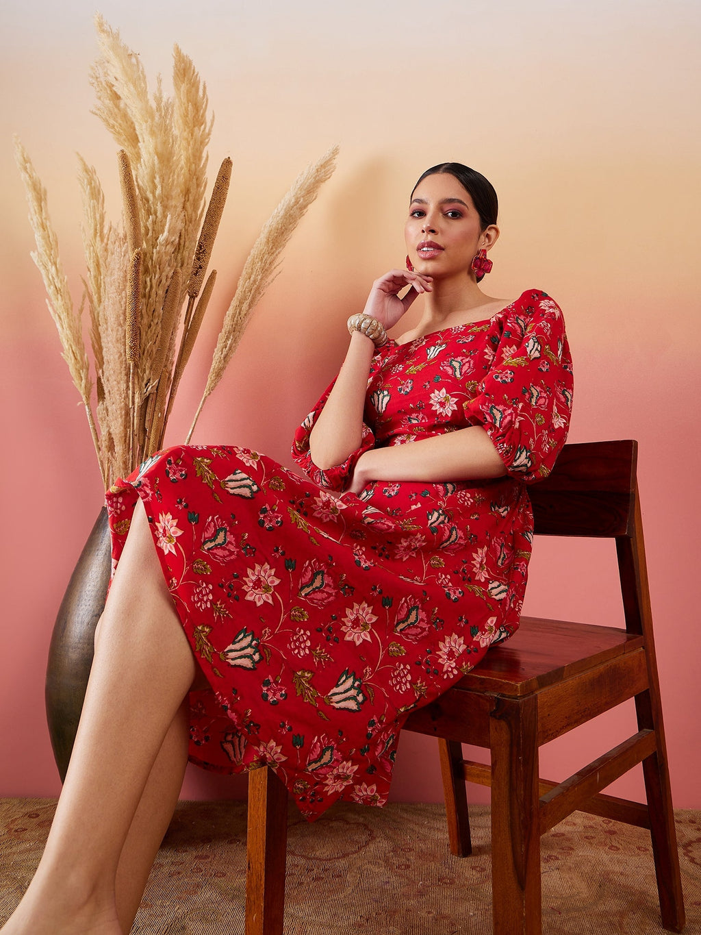 InWeave Red Bishop Sleeve Dress - Distacart