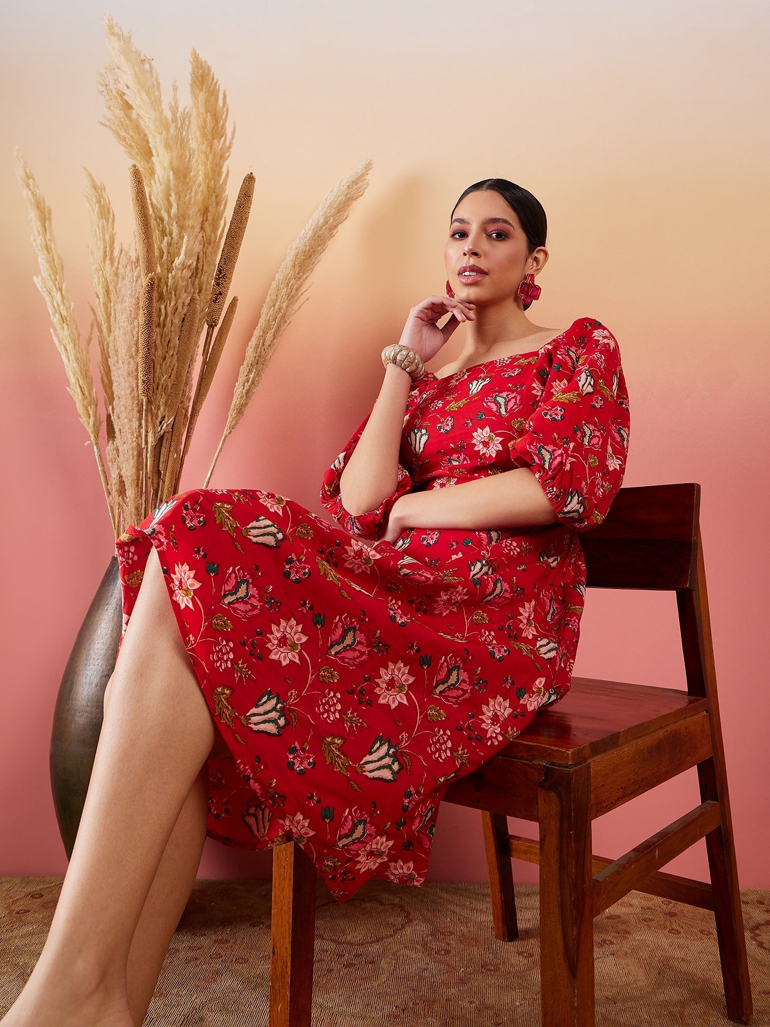 InWeave Red Bishop Sleeve Dress - Distacart