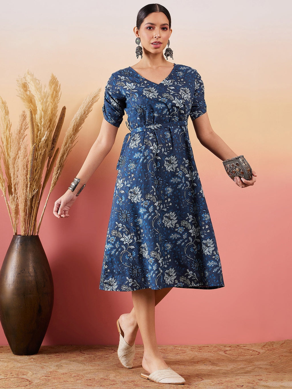 InWeave Indigo Floral Print Angrakha V Neck Belted A Line Dress - Distacart