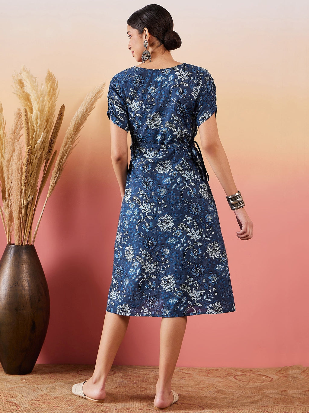 InWeave Indigo Floral Print Angrakha V Neck Belted A Line Dress - Distacart