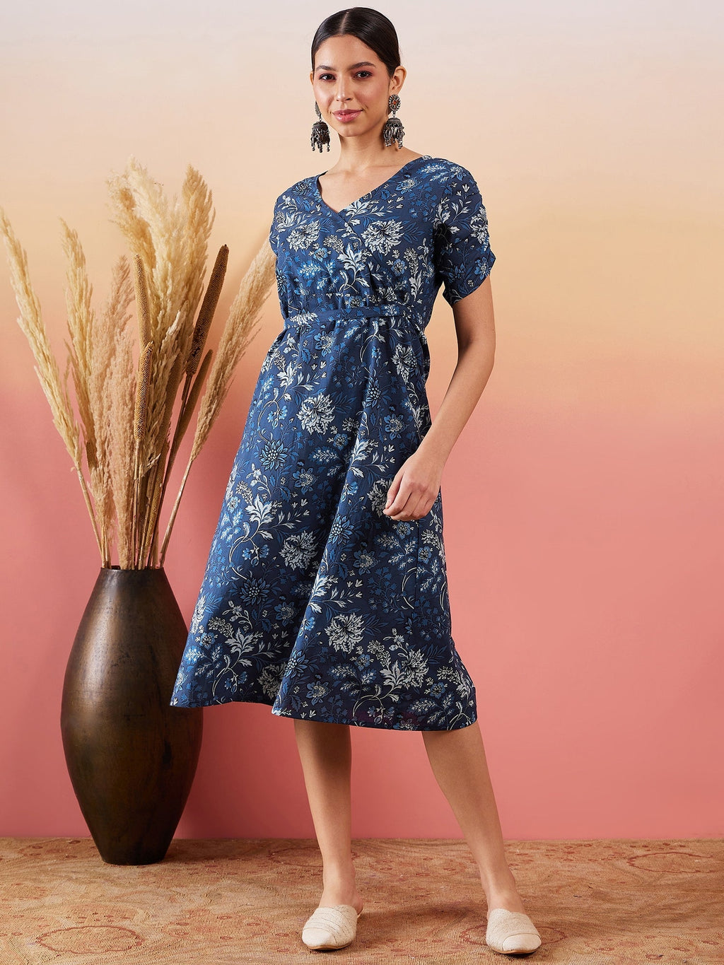 InWeave Indigo Floral Print Angrakha V Neck Belted A Line Dress - Distacart