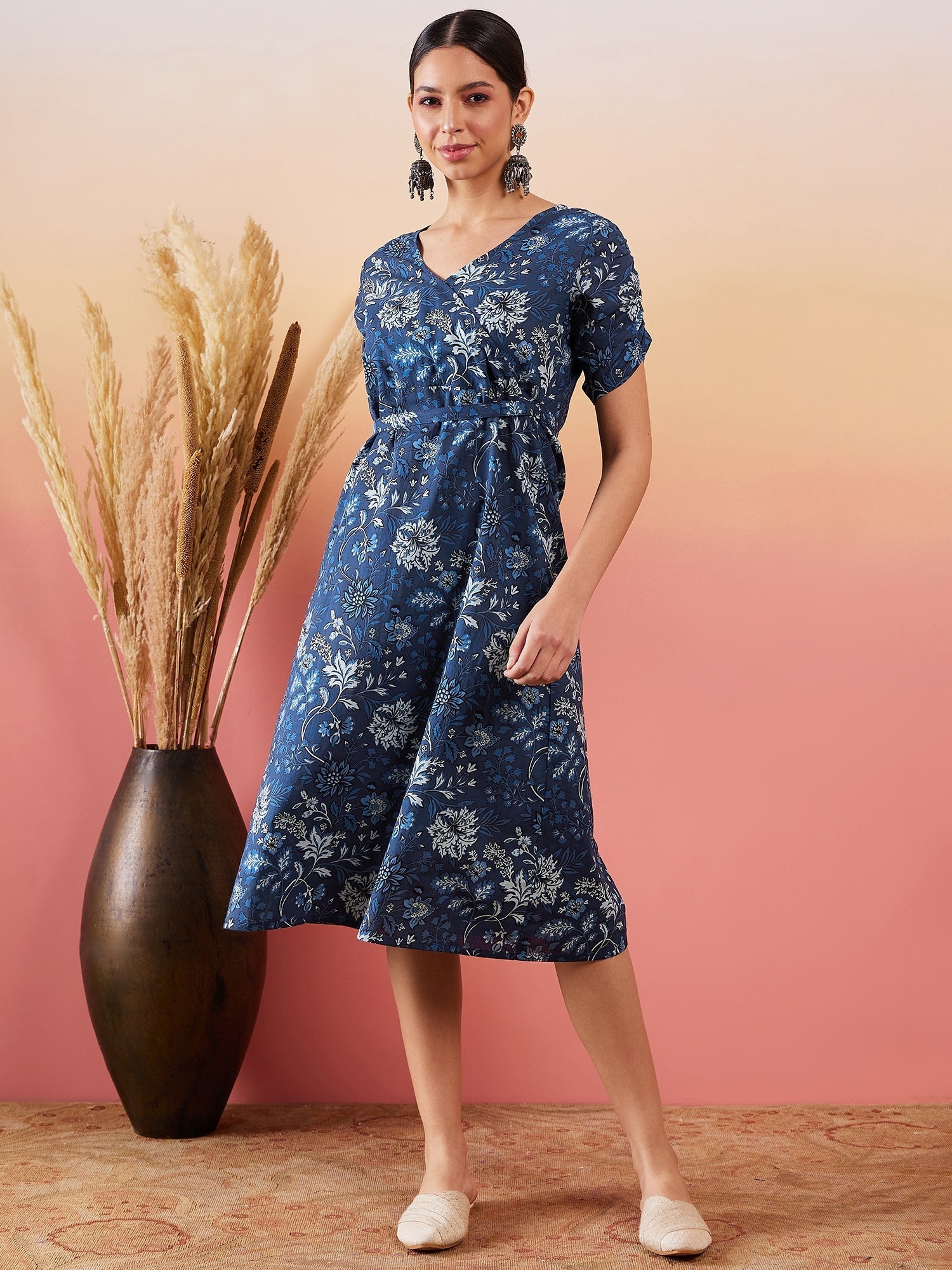 InWeave Indigo Floral Print Angrakha V Neck Belted A Line Dress - Distacart