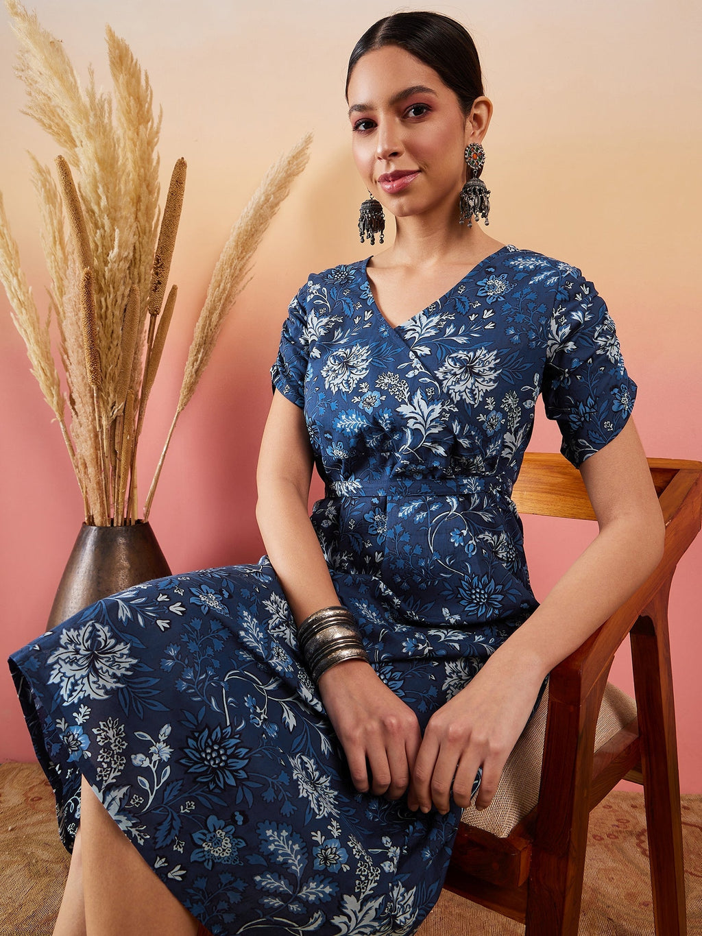 InWeave Indigo Floral Print Angrakha V Neck Belted A Line Dress - Distacart