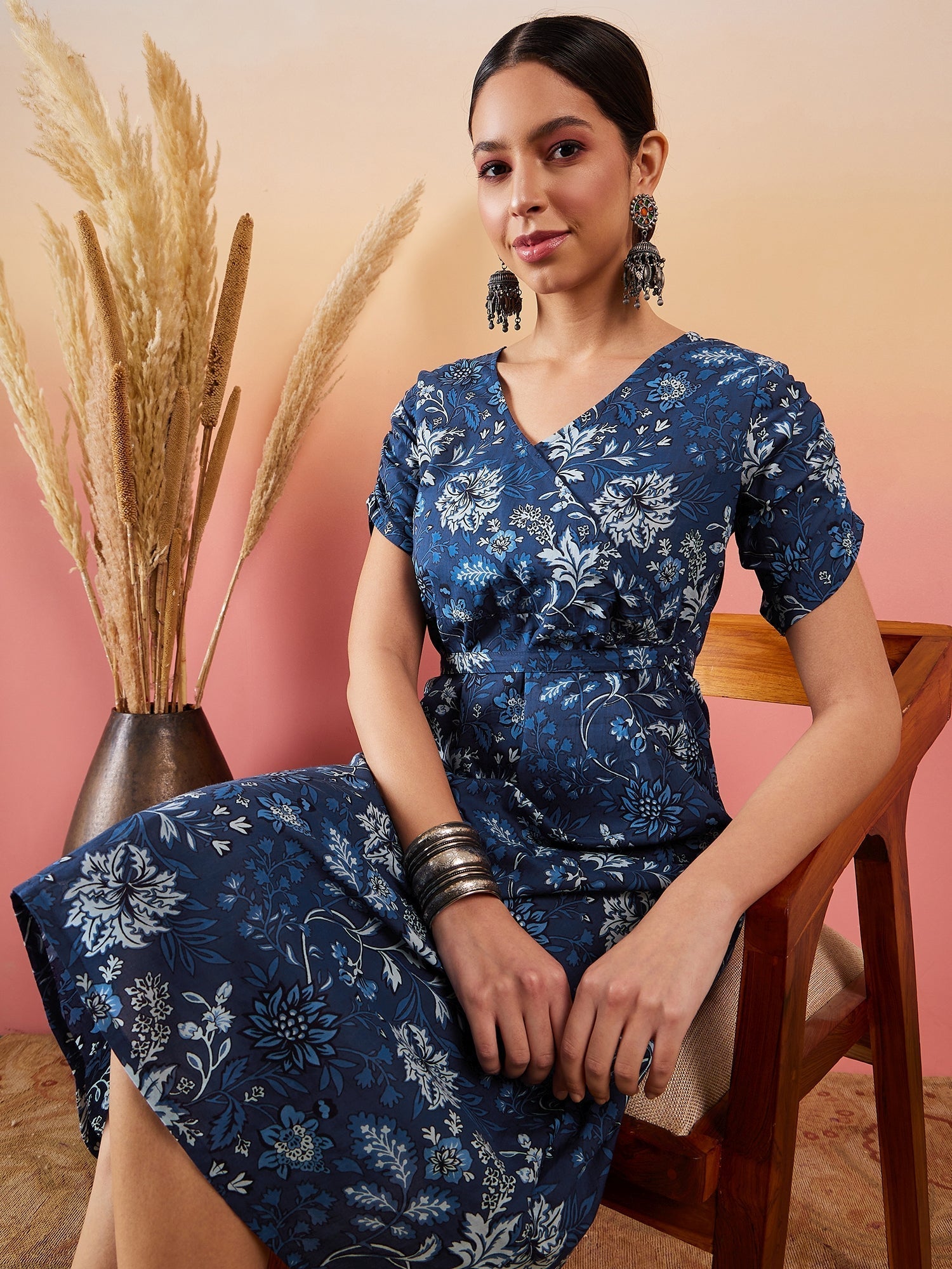 InWeave Indigo Floral Print Angrakha V Neck Belted A Line Dress - Distacart