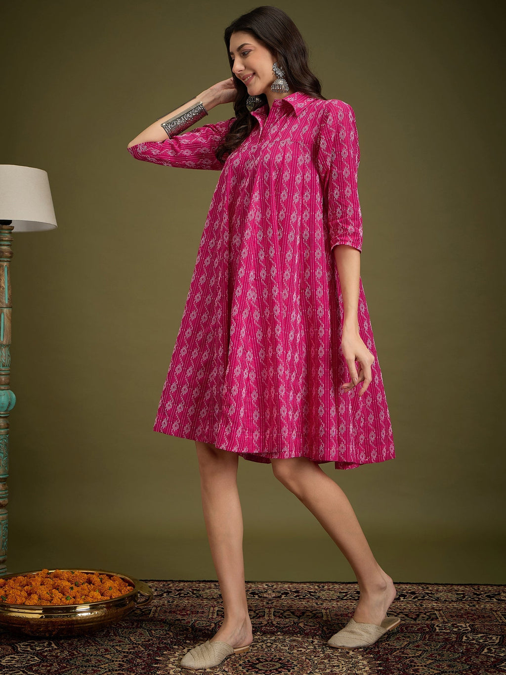 InWeave Fuchsia Ikkat Kantha Collar Flared Dress - Distacart