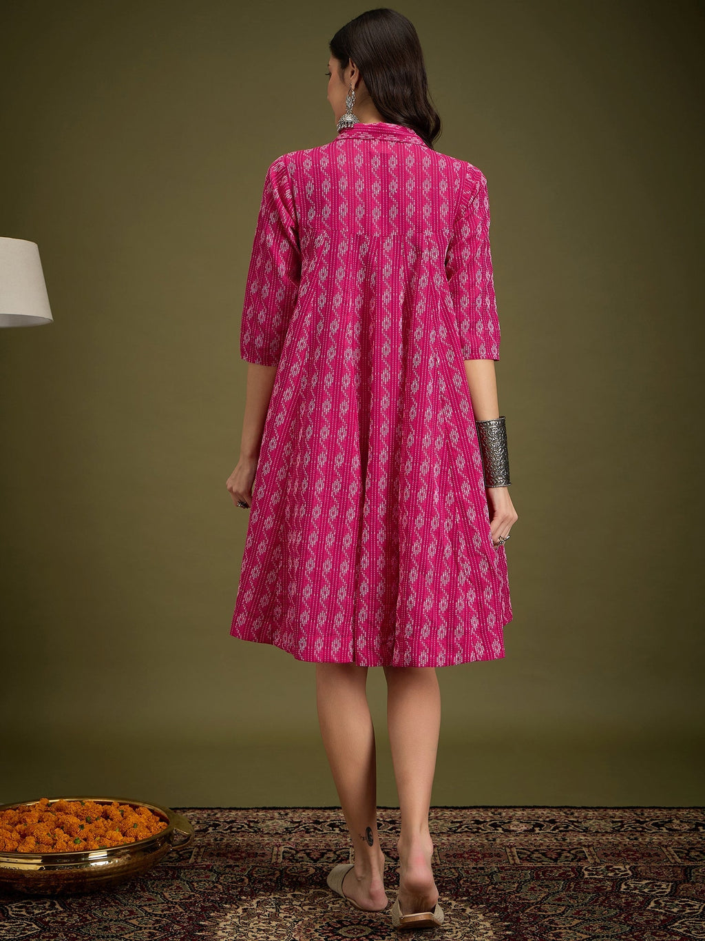 InWeave Fuchsia Ikkat Kantha Collar Flared Dress - Distacart