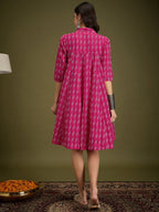 InWeave Fuchsia Ikkat Kantha Collar Flared Dress - Distacart