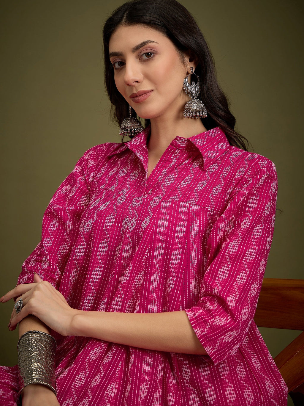 InWeave Fuchsia Ikkat Kantha Collar Flared Dress - Distacart
