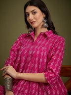 InWeave Fuchsia Ikkat Kantha Collar Flared Dress - Distacart